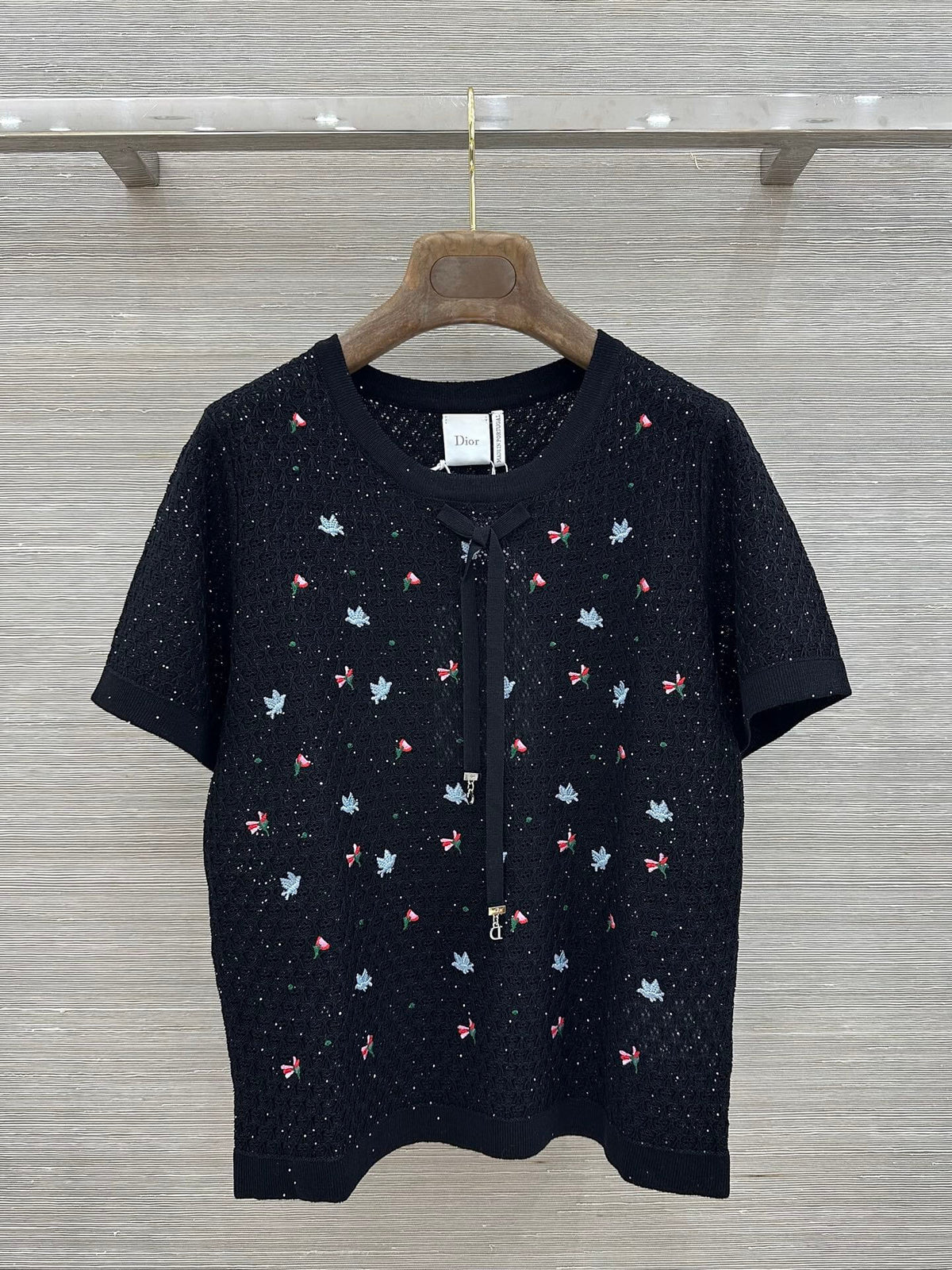 Floral Embroidered Bow Hollow Knit Short Sleeve