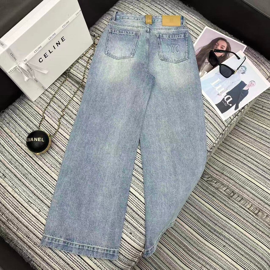Embossed Logo Wide Leg Jeans