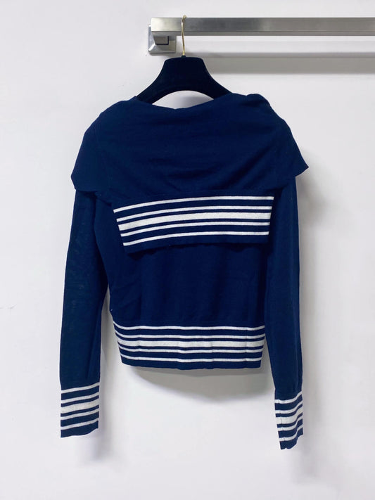 Tie Shawl Striped Embroidered Knit Top