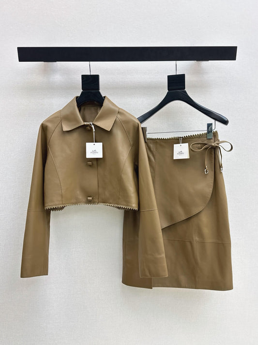 Brown Cropped Leather Jacket Skirt Set