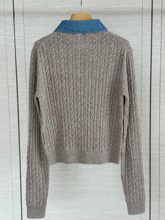 Cable Knit Denim Collar Cardigan