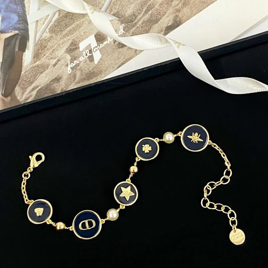 Navy Medallion & Pearl Multi-Charm Bracelet