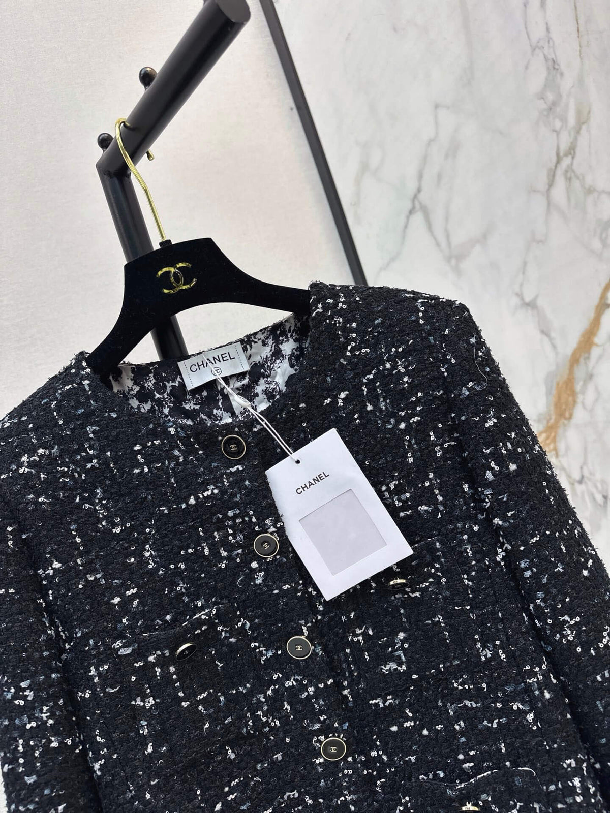 Black Silver Tweed Round Neck Jacket