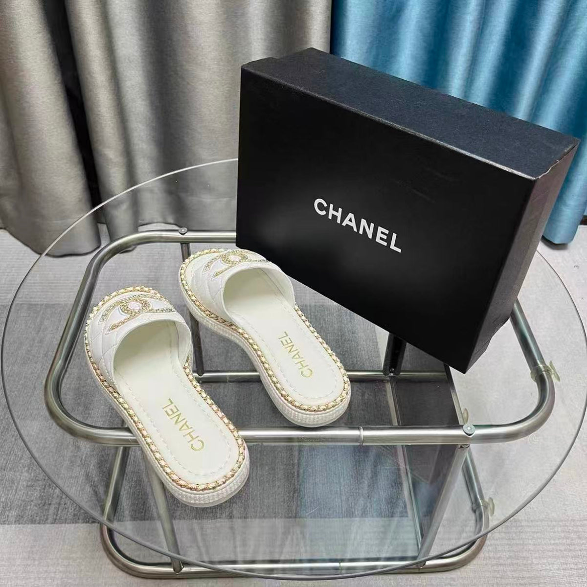 Chain-Trim Leather Slide Sandals