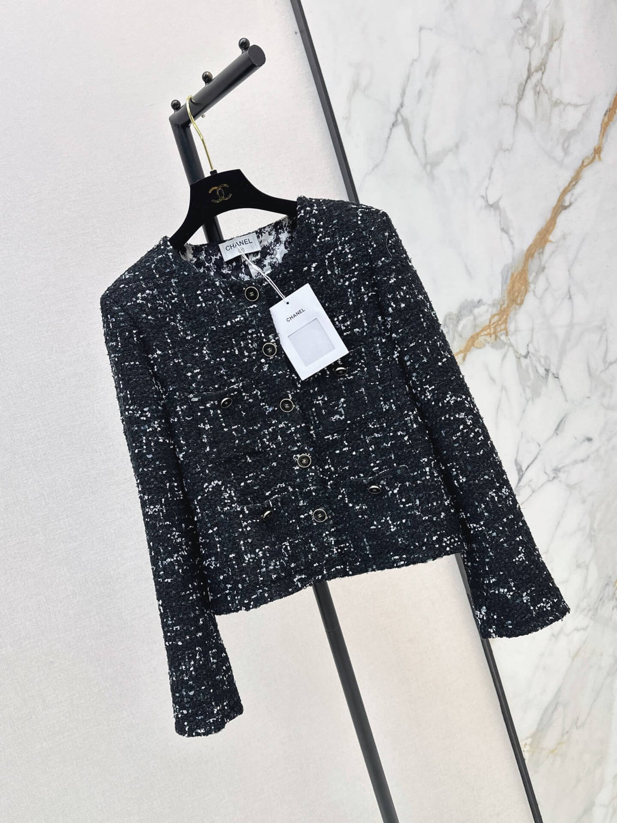 Black Silver Tweed Round Neck Jacket