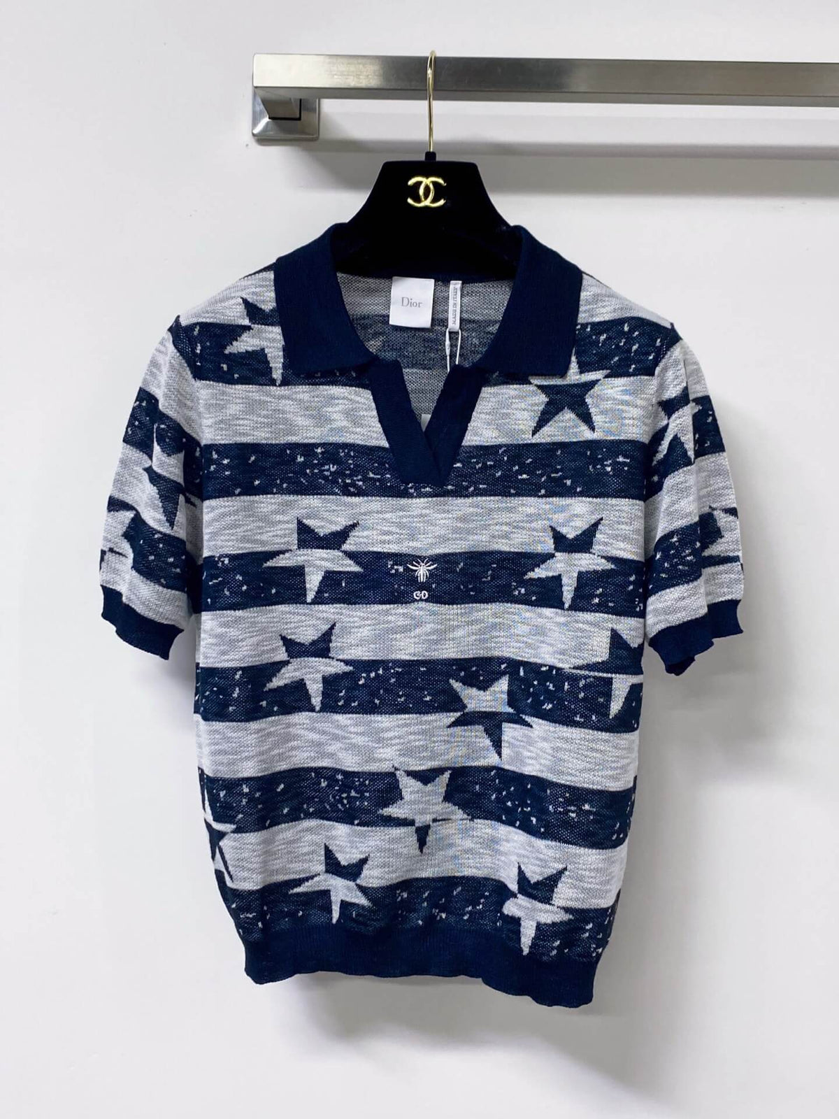 Star Jacquard Striped Knit Polo Top