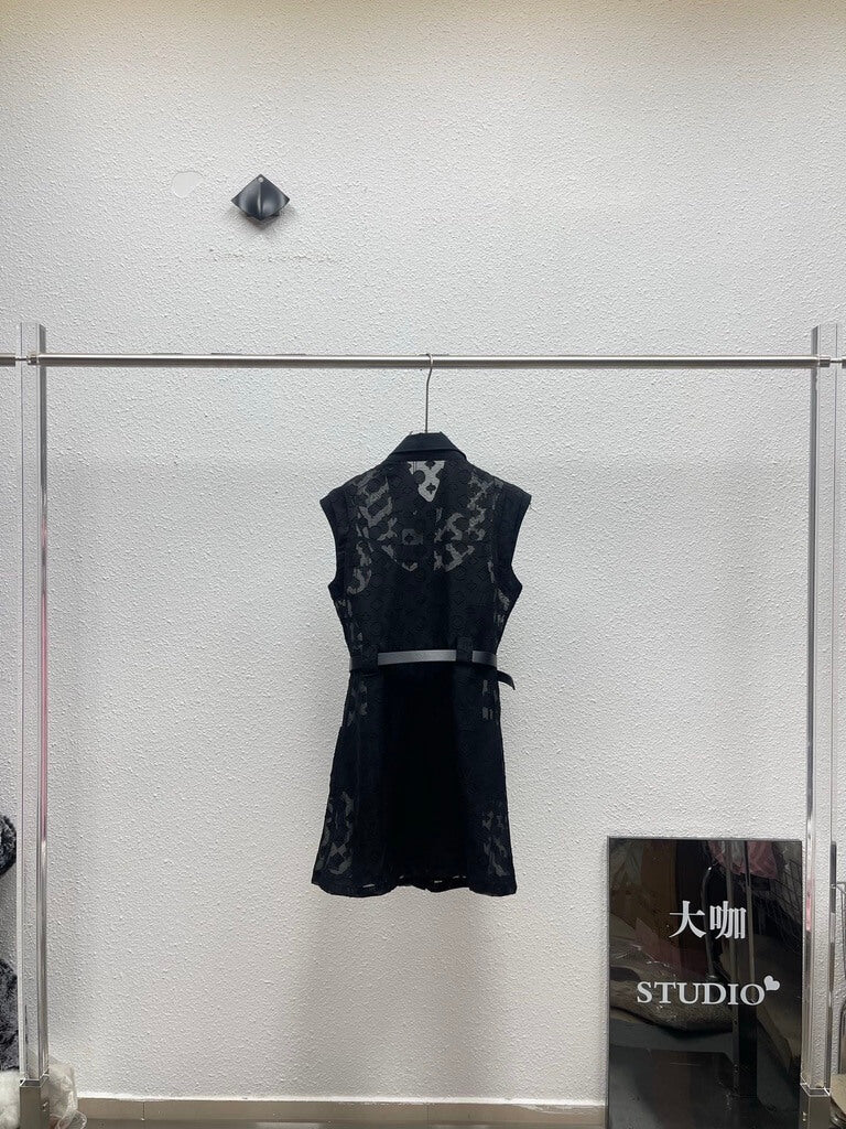 Belted Sleeveless Lace Overlay Dress