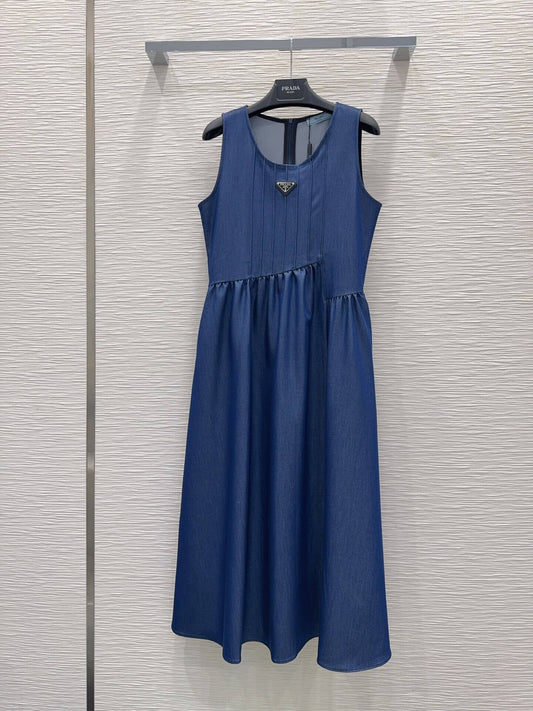 Triangle Badge Pleated Bust Tank Midi Dress