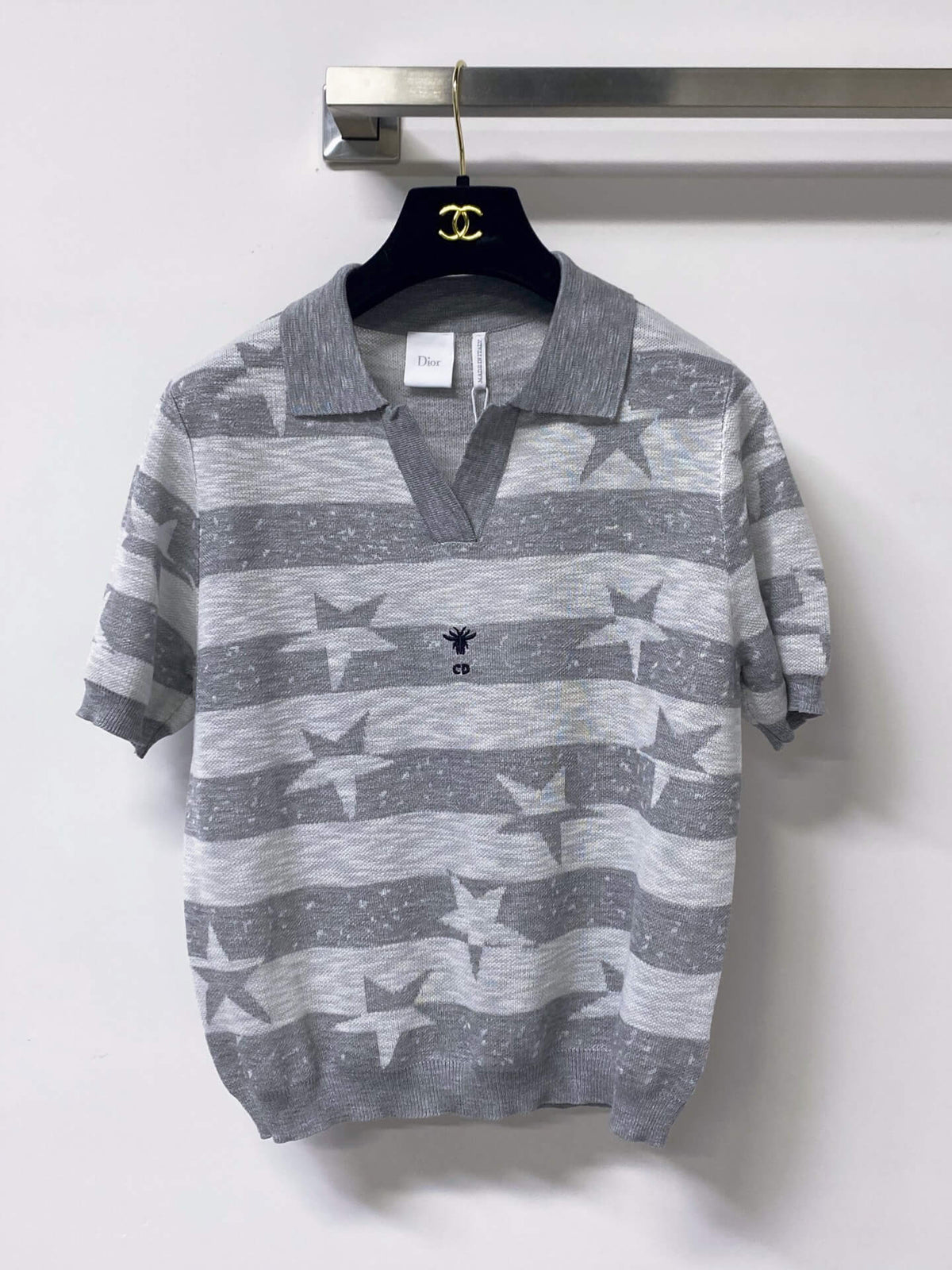 Star Jacquard Striped Knit Polo Top
