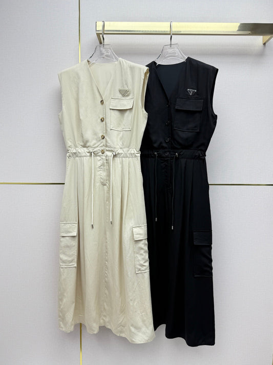 V-Neck Sleeveless Cargo Shirt Dress