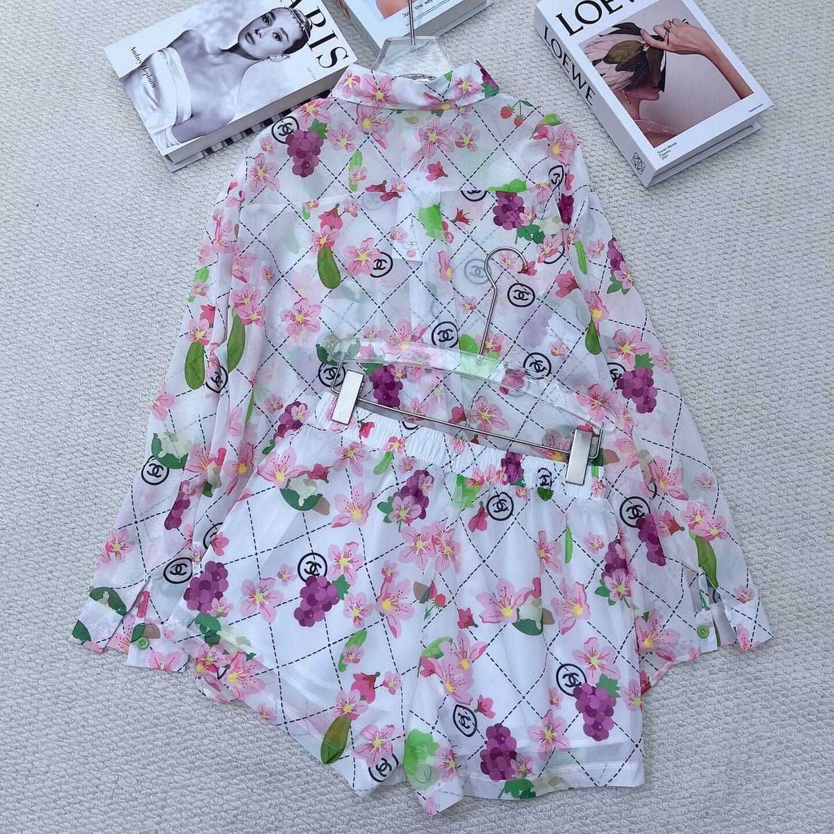 Floral Fruit Print Sheer Shirt Short Set