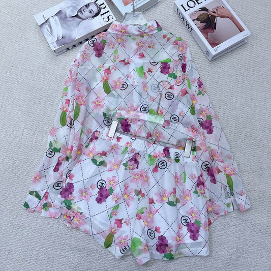 Floral Fruit Print Sheer Shirt Short Set