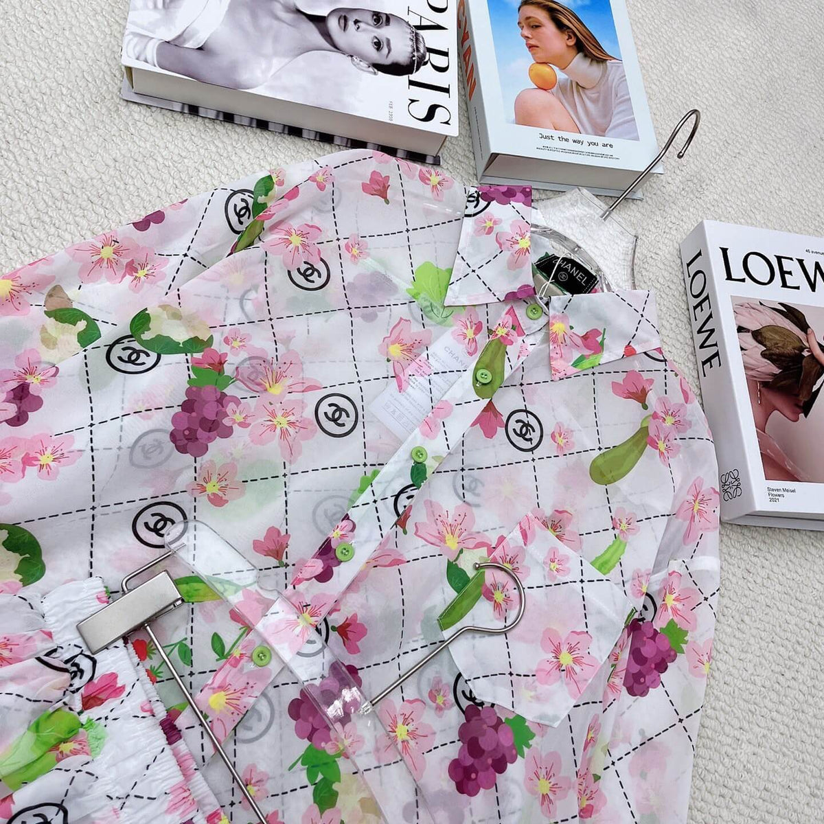 Floral Fruit Print Sheer Shirt Short Set